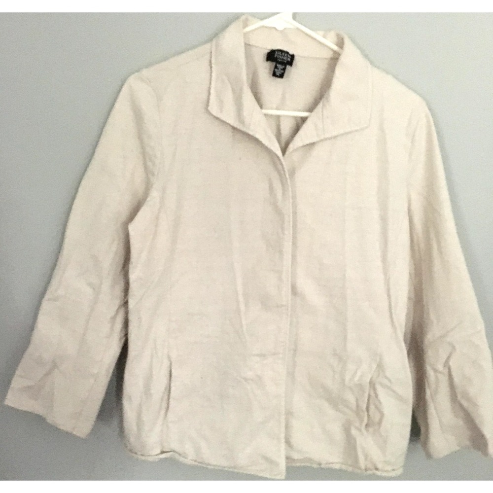 Eileen Fisher Jacket Womens Petite Large Beige 100% Cotton Lightweight Casual
